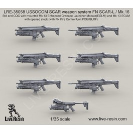 USSOCOM SCAR weapon system FN SCAR-L - Mk. 16 Std and CQC with mounted Mk 13 Enhanced Grenade Launcher ModuleEGLM and Mk 13 EGLM with opened stock with FN Fire Control Unit FCU-GLRF