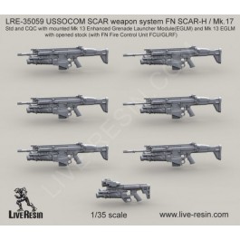 USSOCOM SCAR weapon system FN SCAR-H - Mk. 17 Std and CQC with mounted Mk 13 Enhanced Grenade Launcher ModuleEGLM and Mk 13 EGLM with closed stock with FN Fire Control Unit FCU-GLRF