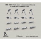 Harris bipod set, opened and folded, Surefire tactical WeaponLights
