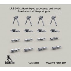 Harris bipod set, opened and folded, Surefire tactical WeaponLights