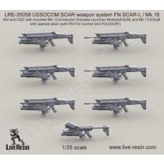 USSOCOM SCAR weapon system FN SCAR-L - Mk. 16 Std and CQC with mounted Mk 13 Enhanced Grenade Launcher ModuleEGLM and Mk 13 EGLM with opened stock with FN Fire Control Unit FCU-GLRF
