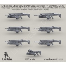 USSOCOM SCAR weapon system FN SCAR-H - Mk. 17 Std and CQC with mounted Mk 13 Enhanced Grenade Launcher ModuleEGLM and Mk 13 EGLM with closed stock with FN Fire Control Unit FCU-GLRF